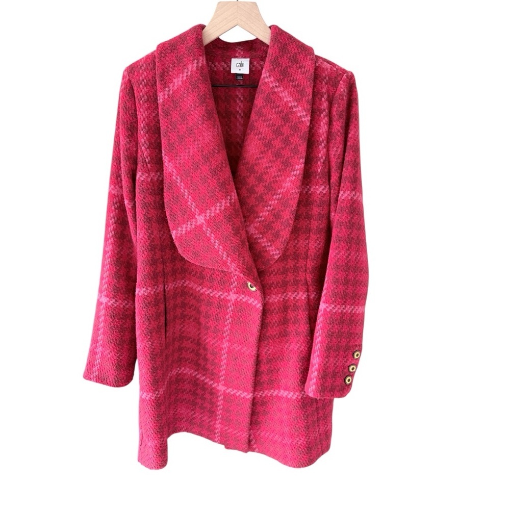 Cabi Evita Red Pink Plaid Tweed Belted Pea Coat Jacket Size M Style 4295